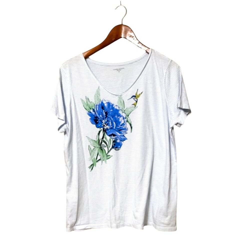 Laura Scott Womens XL Blue Striped Floral Hummingbird V-Neck Tee Short Sleeve Ca